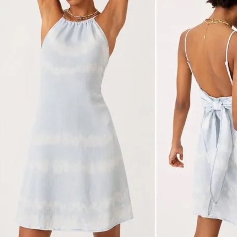 Cloth & Stone x Anthropologie Tie Dye Halter Mini Dress Blue White XL Open Back